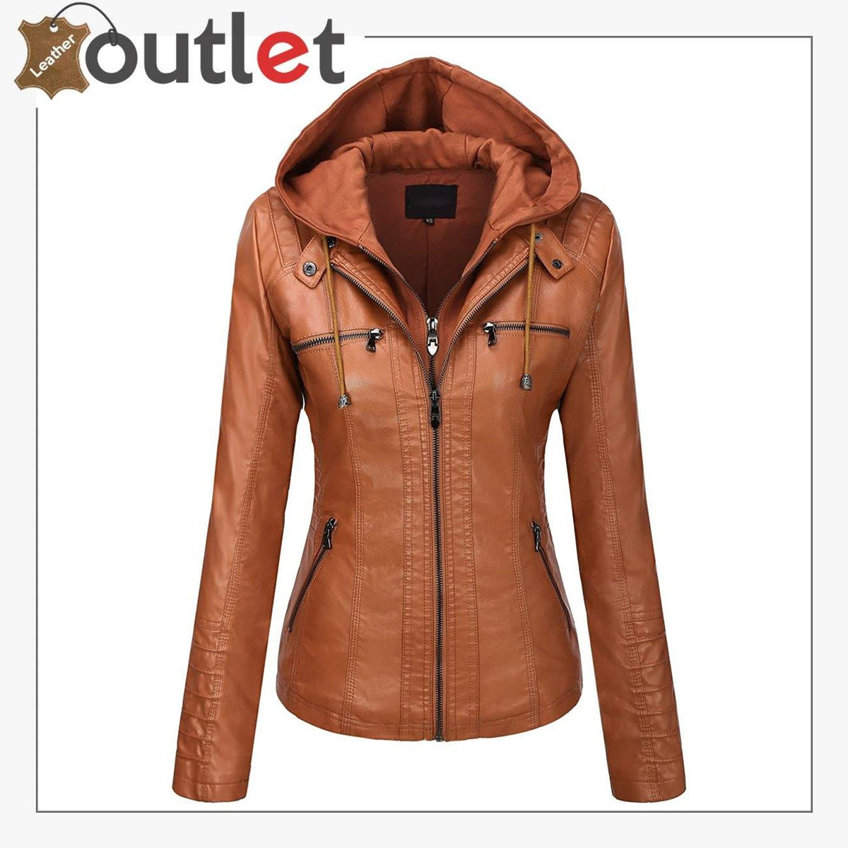 Brown womens hooded faux leather fashion jacket, front view