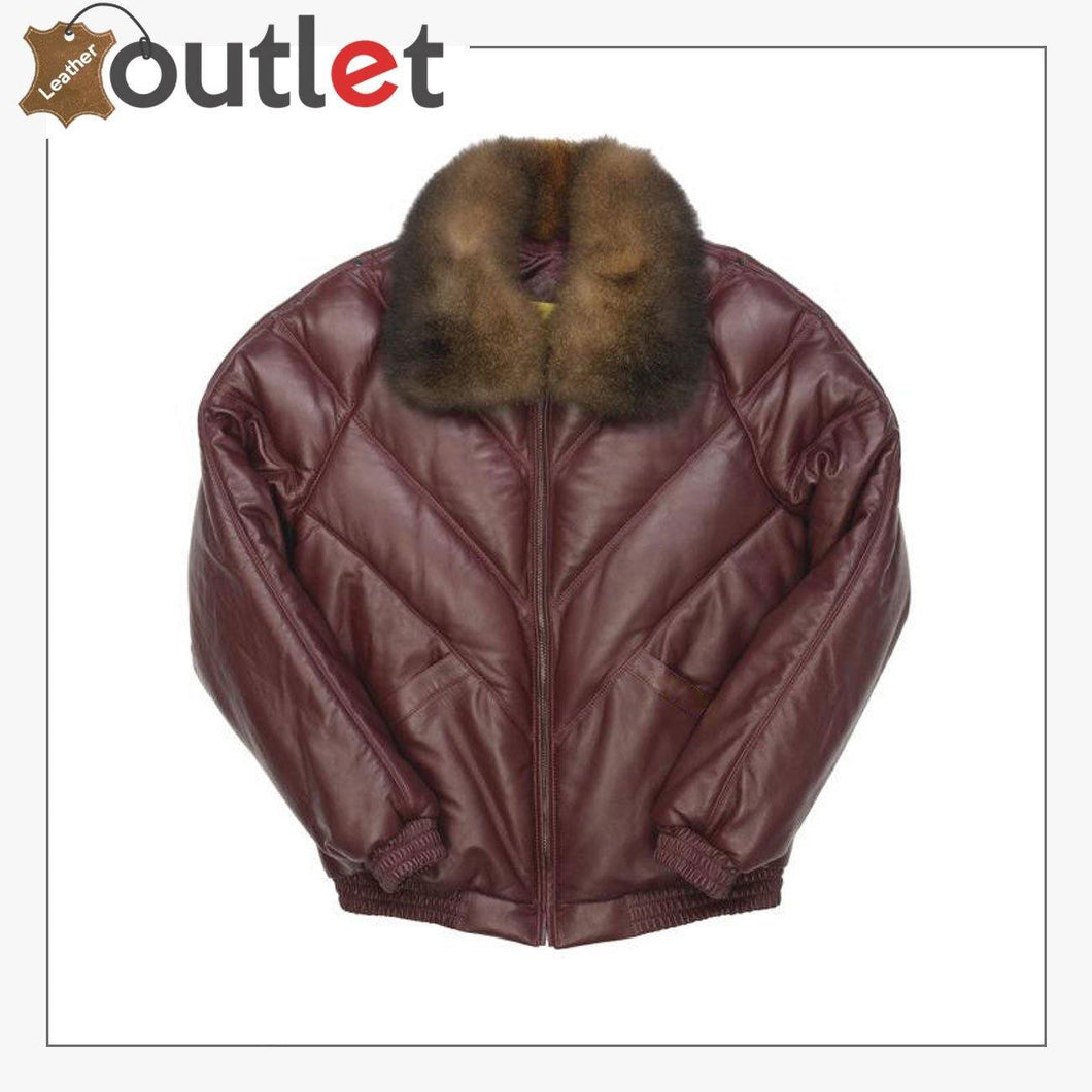 Burgundy Color Real Quality Fur V Bomber Leather Jacket - Leather Outlet