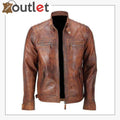 Cafe Racer Distressed Motorcycle Real Leather Jacket - Leather Outlet