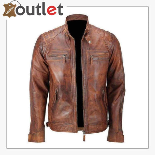 Cafe Racer Distressed Motorcycle Real Leather Jacket - Leather Outlet