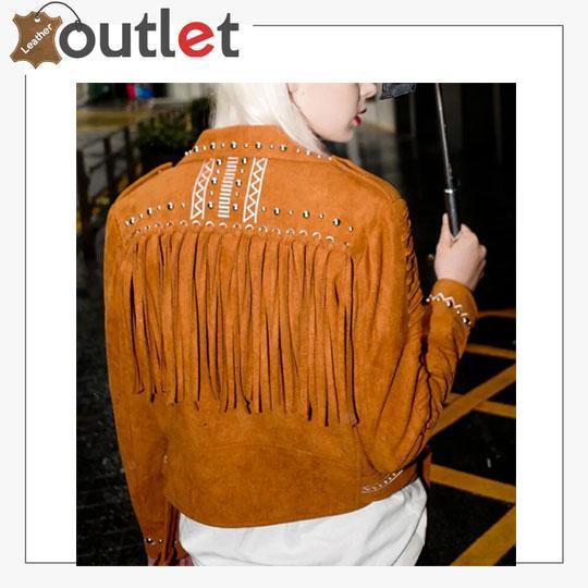Camel brown fringed studded leather biker jacket, front view