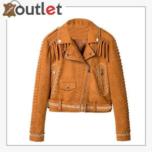 Camel Brown Fringed Leather Studded Biker Jacket - Leather Outlet