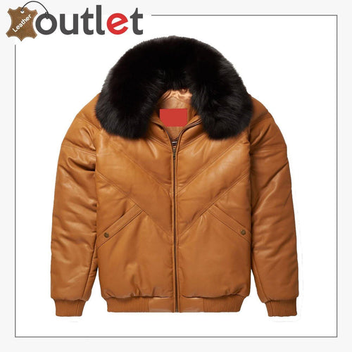 Camel Leather Mens Quality V Bomber jacket