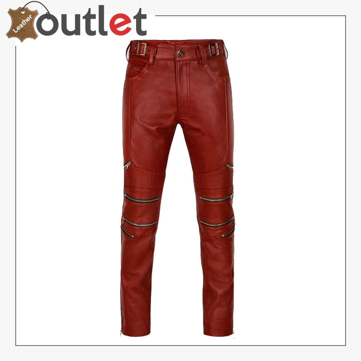 Cherry red leather pants with exposed metal zips, front view