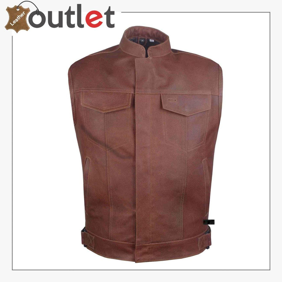 Classic brown leather vest for men with two side pockets, front view