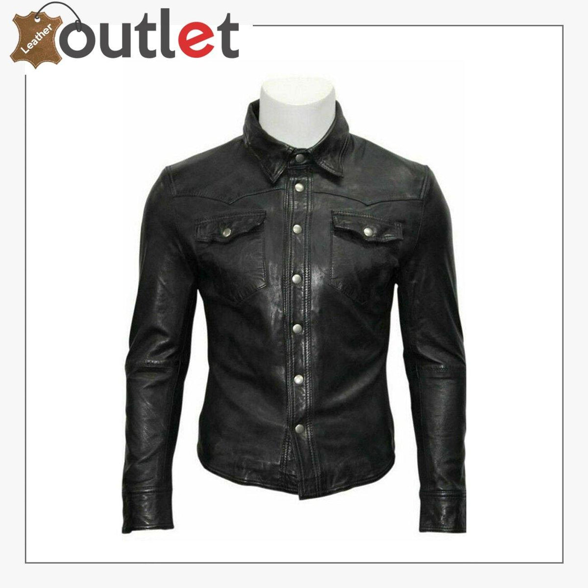 Custom made mens black leather casual shirt with adjustable collar
