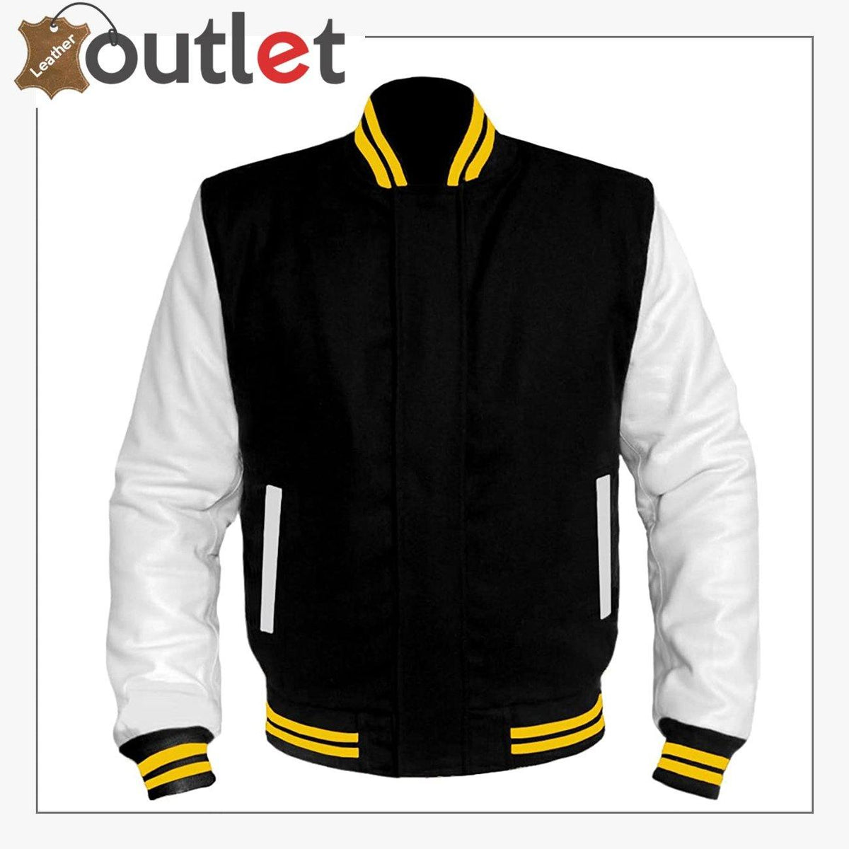 Women's college baseball varsity jacket with wool body and real leather sleeves, front view