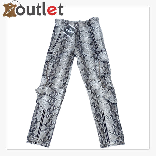 Crazy Black and white Real Cowhide snake print leather cargo spiked pants Leather Outlet