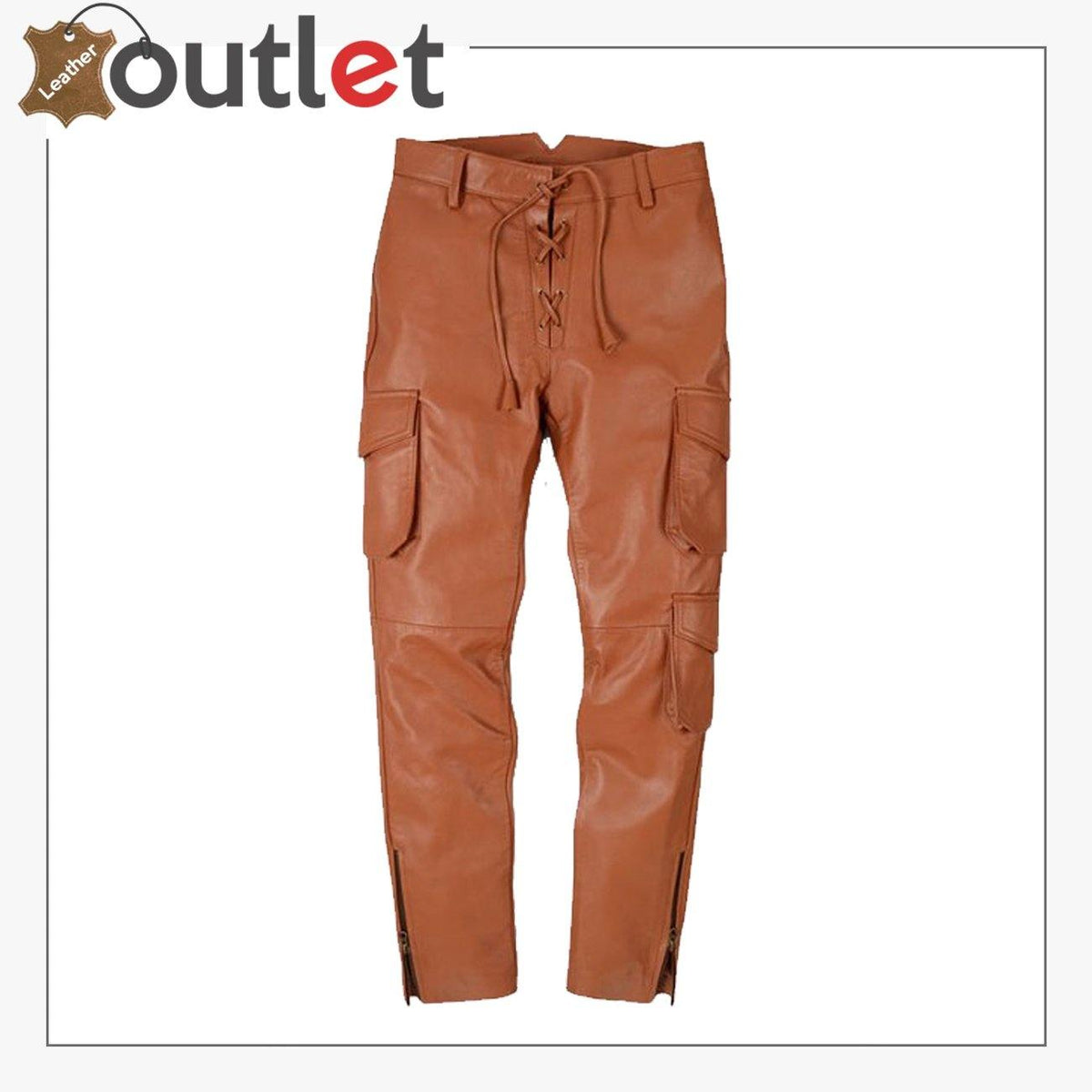 Mens Drifter leather cargo pants in natural grain cowhide, front view