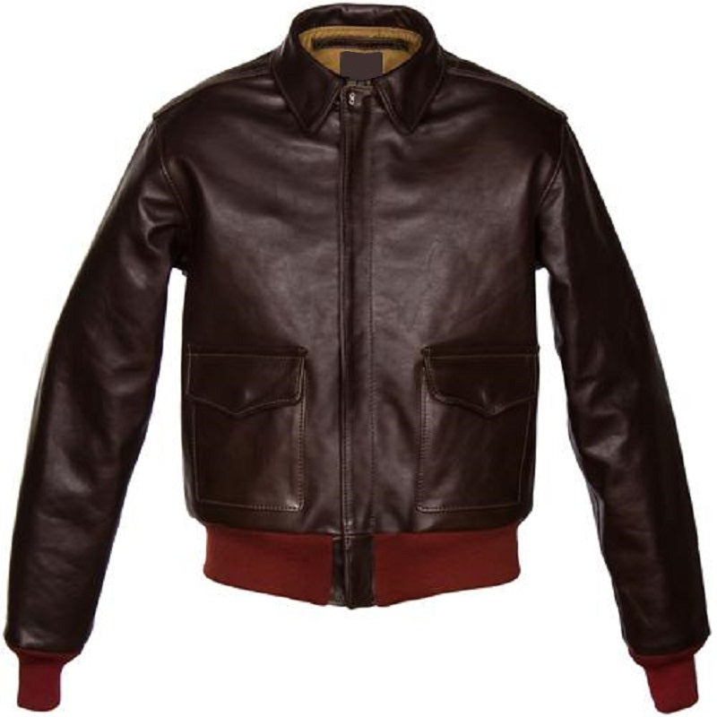 Mens leather A-2 bomber jacket with period style hardware