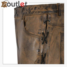 Load image into Gallery viewer, Brown Dirty Motorcycle Men&#39;s Biker Leather Trouser
