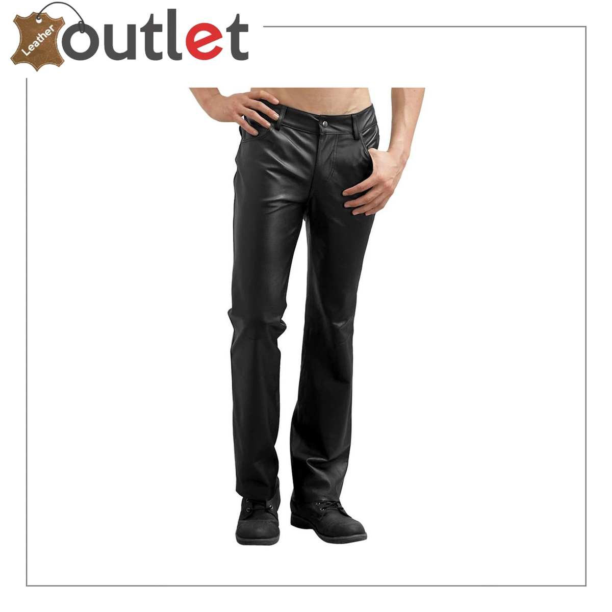 Mens black milled grain leather pants, front view