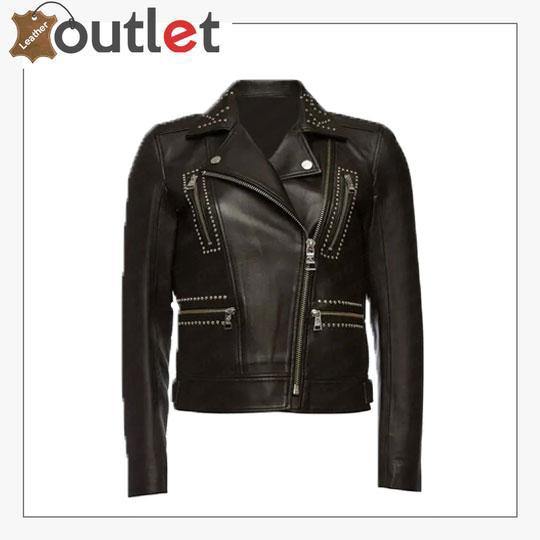 Embellished studded leather biker jacket, front view