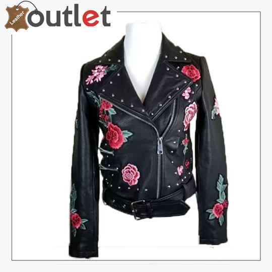 Embellished silver studded embroidered leather jacket for women, front view