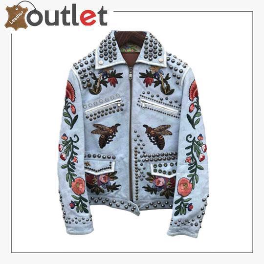 Embellished studded blue padded leather jacket, front view