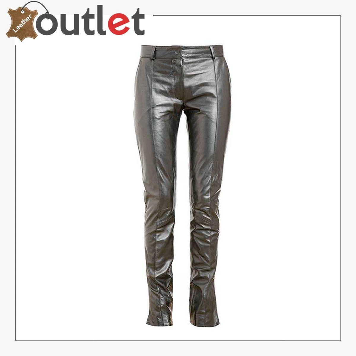 Front crease womens black leather pants with tailored straight leg