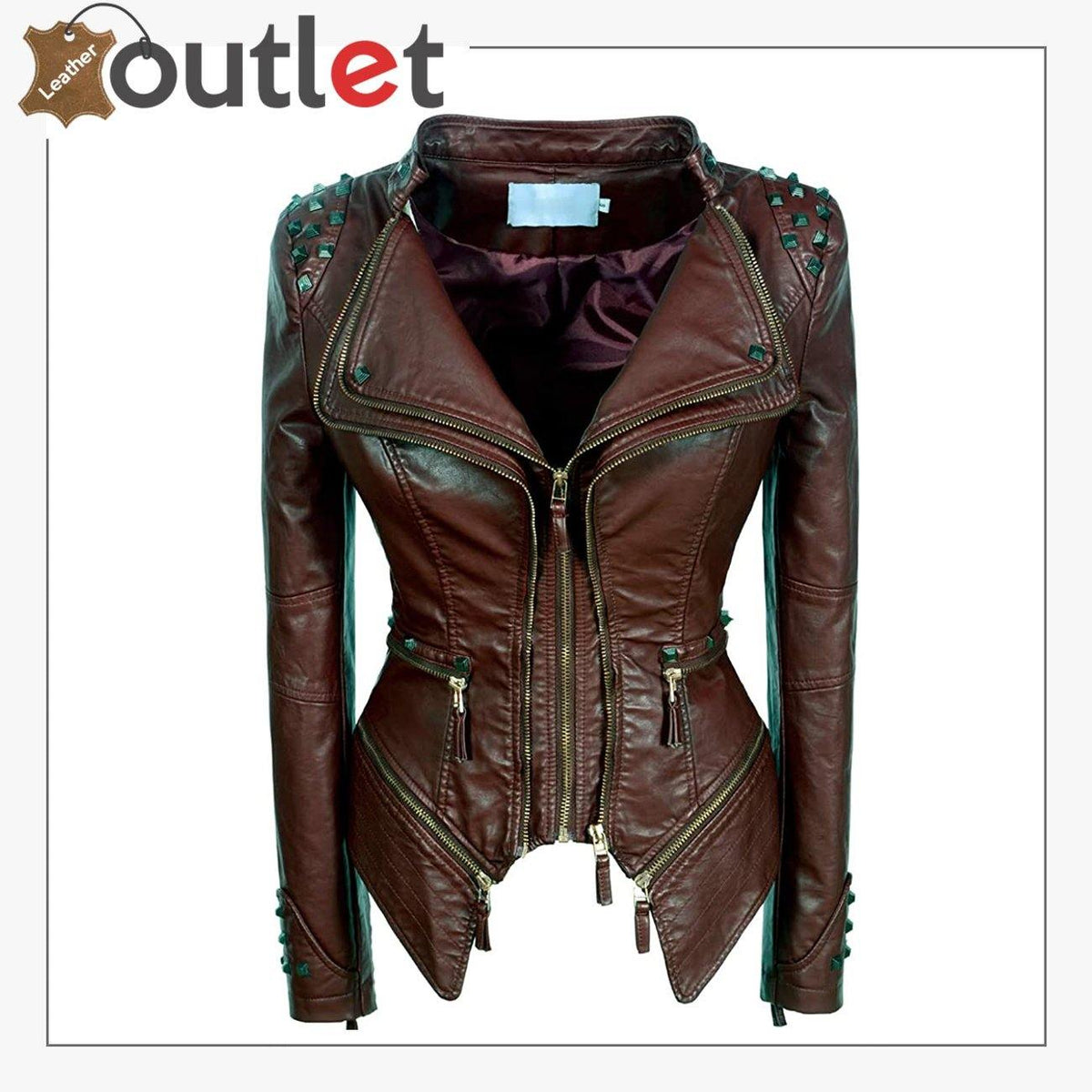 Womens black studded genuine leather jacket, front view
