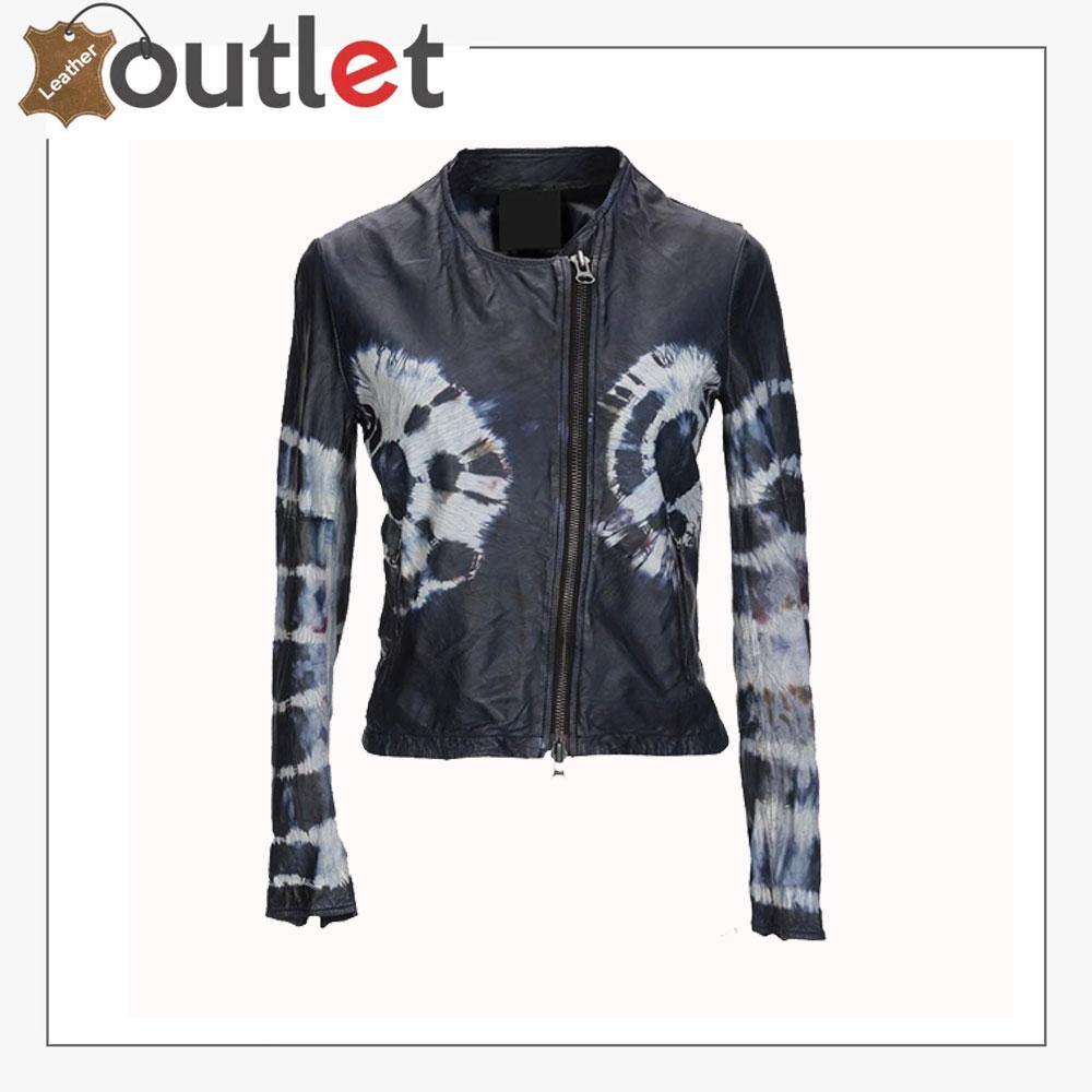 Fashion womens printed leather jacket with repeating pattern