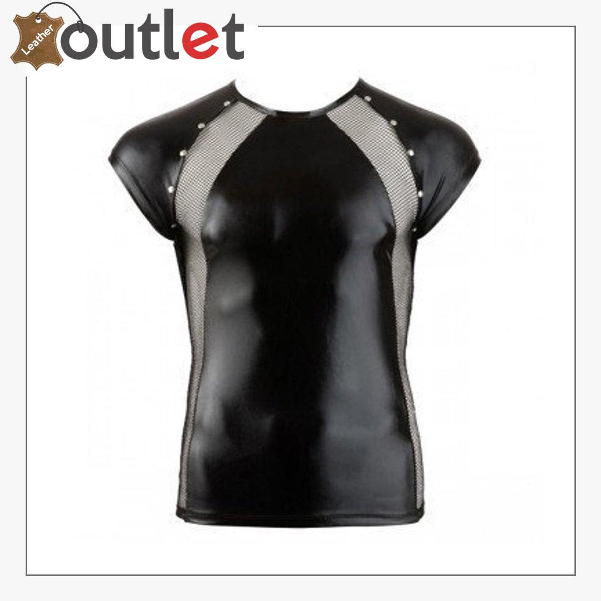 Men's fitted black leather t-shirt with crew neck, front view, cut for club wear