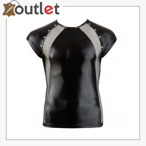 Fitted Black Club Wear Full Tight Mens Leather T-Shirt - Leather Outlet