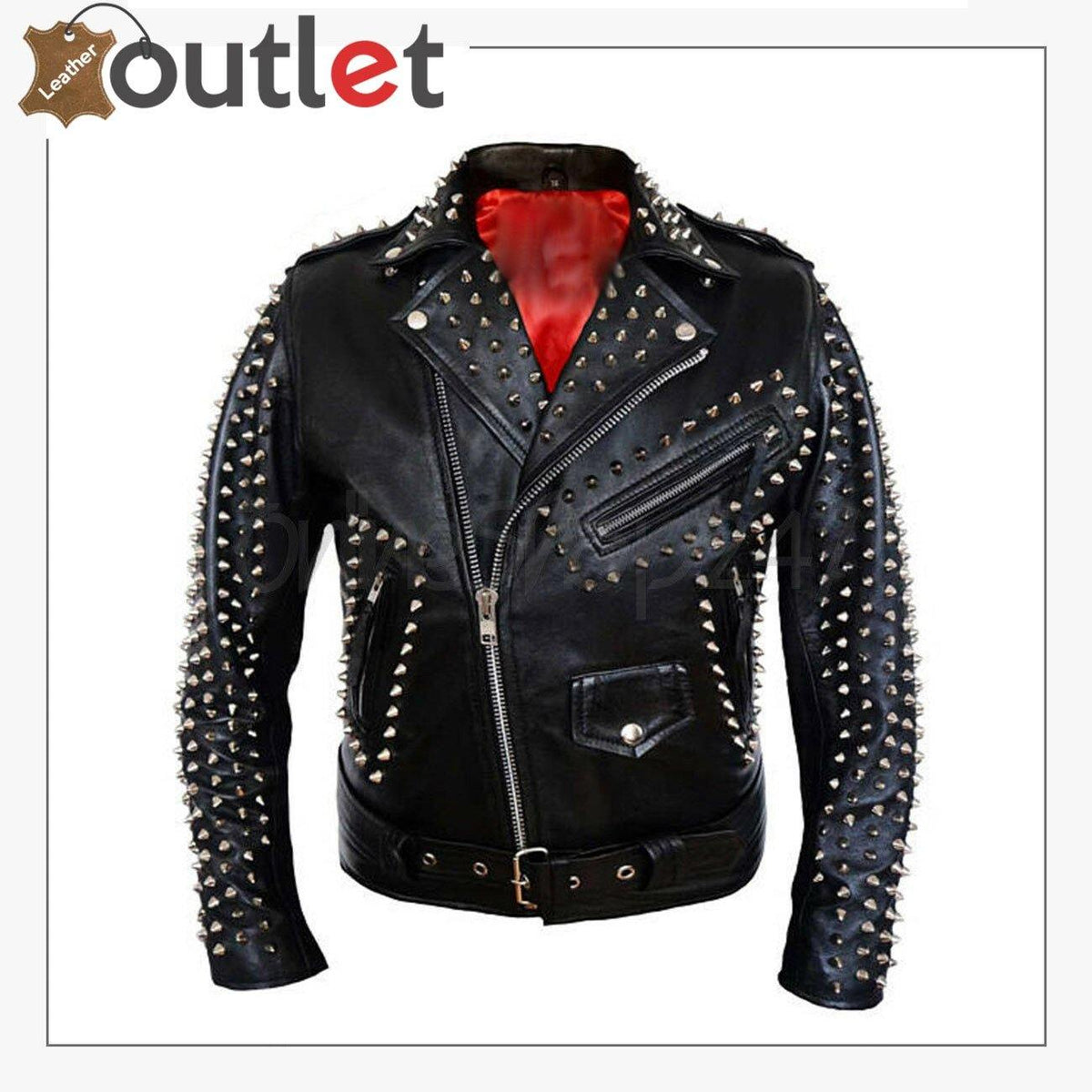 Full silver spiked studded Brando leather jacket in black, front view