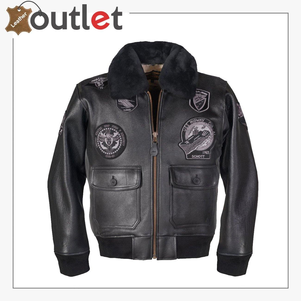 G-1 style brown leather bomber jacket with shearling collar, front view