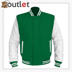 GREEN Wool & White Leather Varsity Jacket For Women