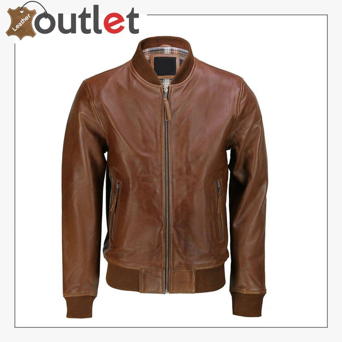 Genuine leather pilot biker style jacket in brown, front view