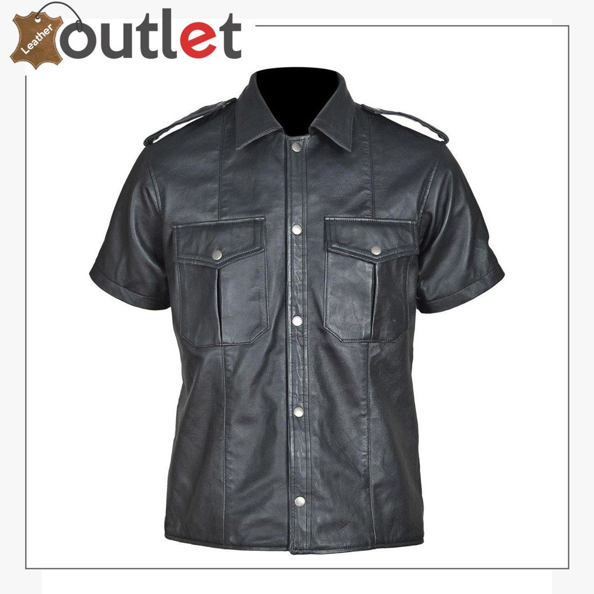 Men's genuine sheepskin black leather police style shirt with full sleeves, front view