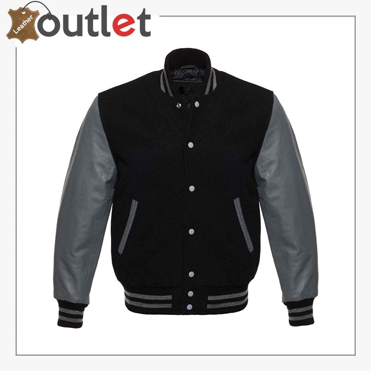 Genuine leather varsity jacket for men, front view with snap front