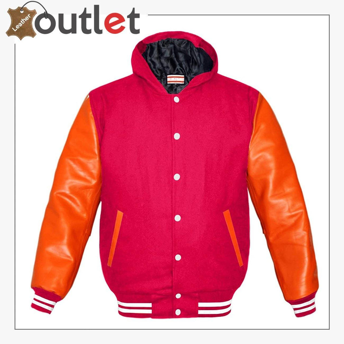 Genuine orange leather varsity jacket for women with contrast knit collar and cuffs