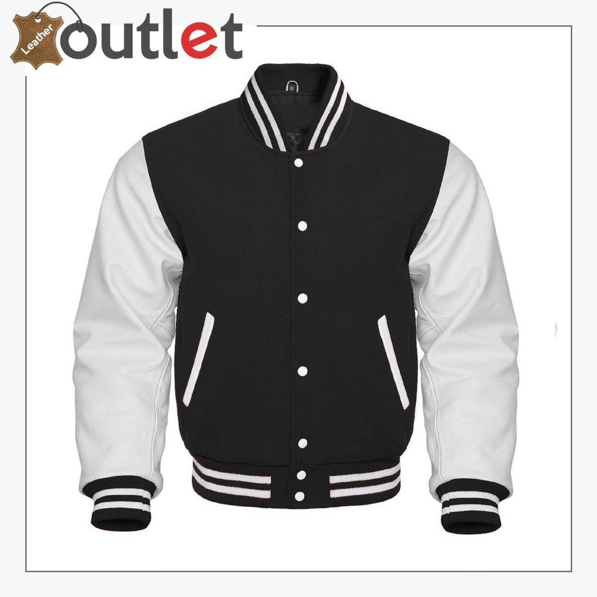 Mens varsity jacket with genuine white leather sleeves, front view