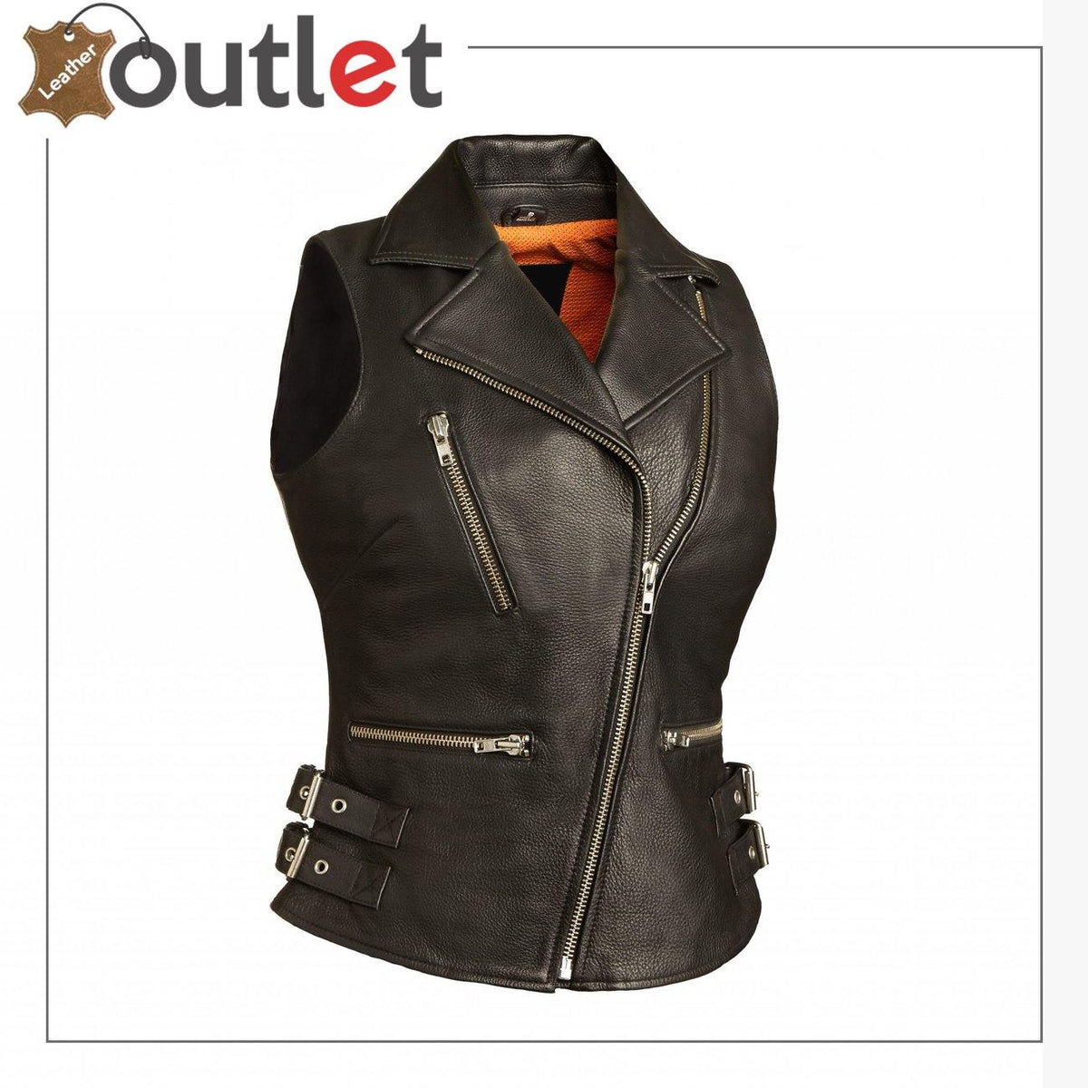 Ladies black real leather vest with snap front and side lacing, front view