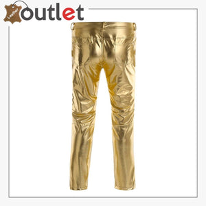 Golden Color Disco Nigh Club Leather Metallic Straight Pant Trouser
