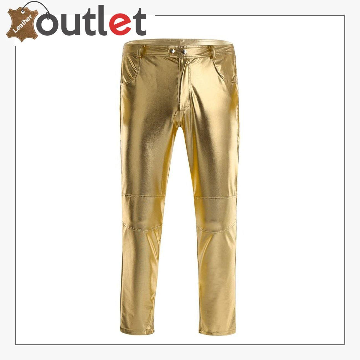 Golden metallic leather straight leg trousers for men, front view