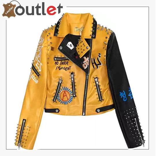 Graffiti punk style biker leather jacket, front view