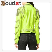 Load image into Gallery viewer, Green Leather Studded Biker Jacket
