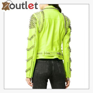 Green Leather Studded Biker Jacket