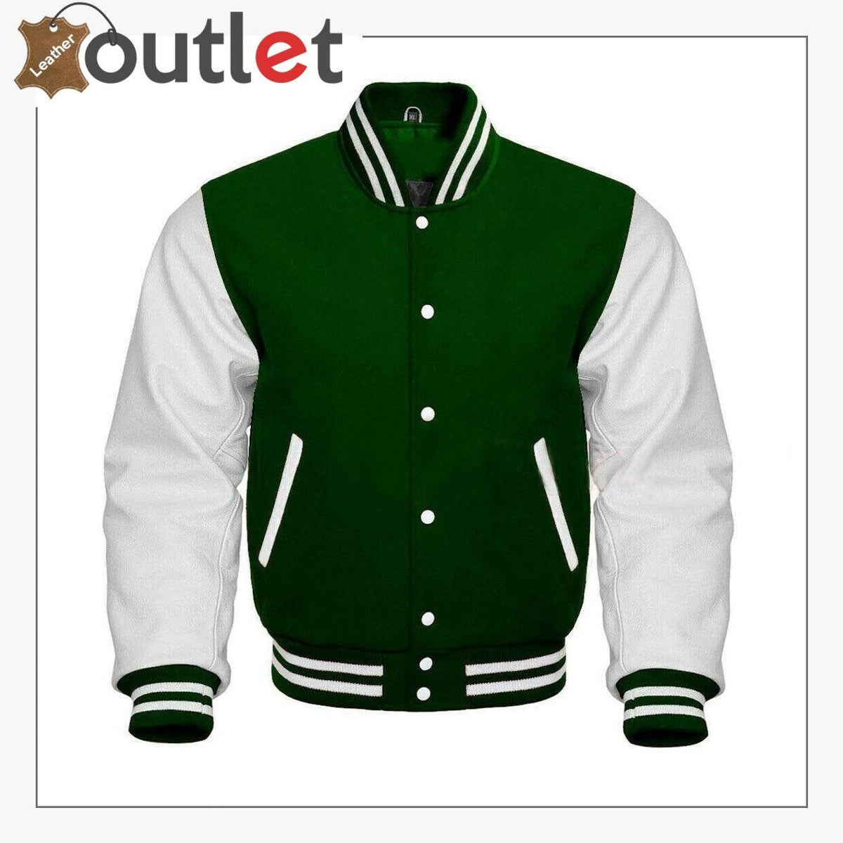 Green wool varsity jacket with white leather sleeves, front view