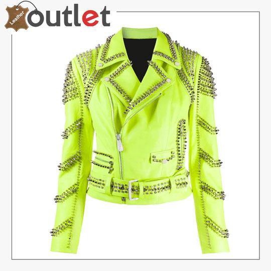 Green leather studded biker jacket, front view with asymmetric zip