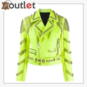 Green Leather Studded Biker Jacket