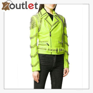 Green Leather Studded Biker Jacket