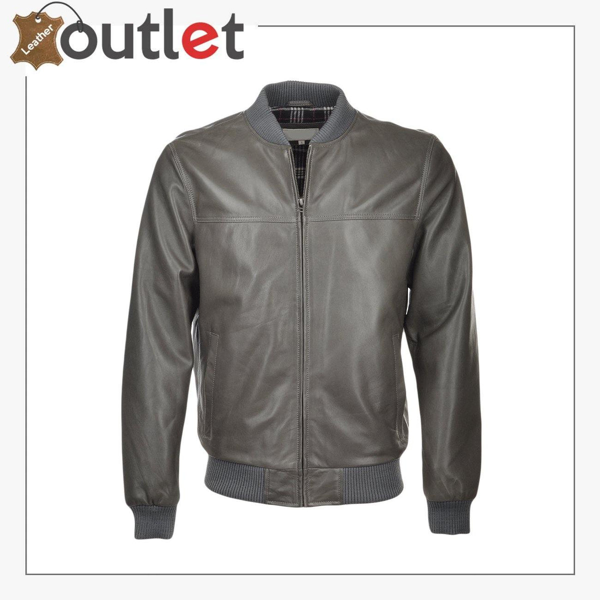 Mens grey real leather bomber jacket with ribbed trims, front view