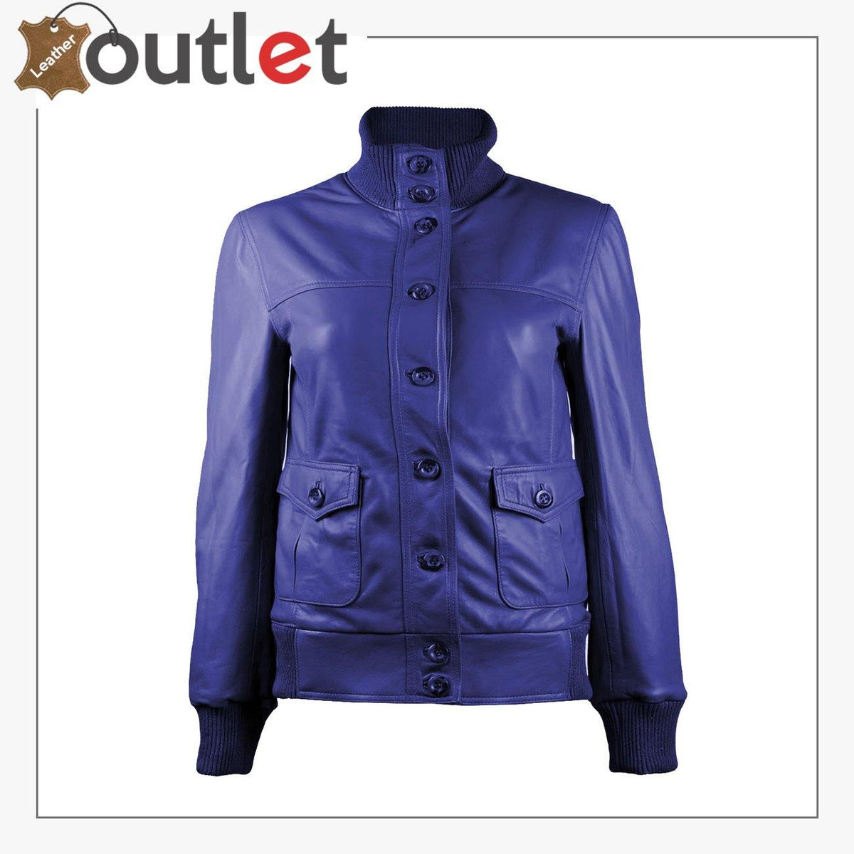 Gusty dark blue navy womens leather bomber jacket, front view