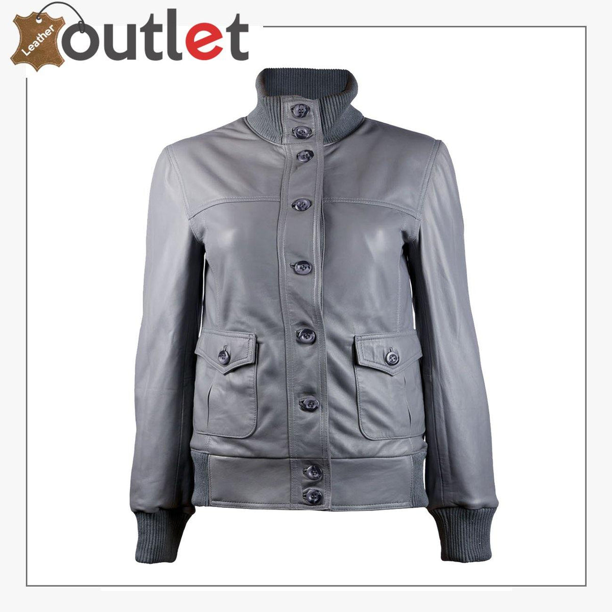 Gusty grey womens leather bomber jacket, front view with ribbed collar