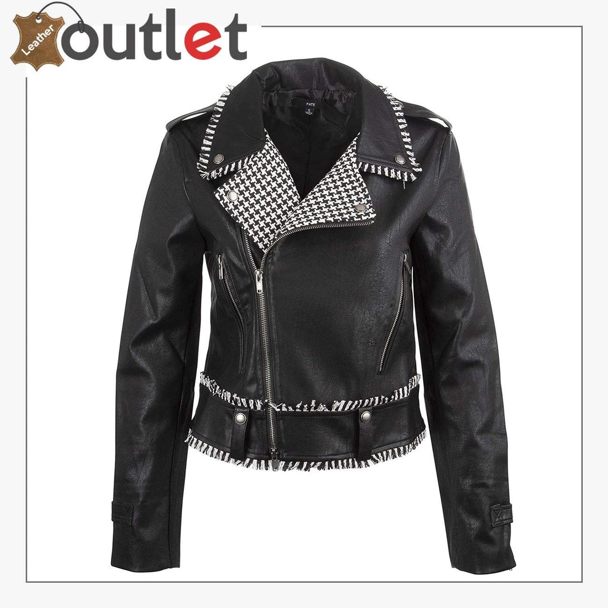 Handcrafted black studded leather jacket for women, front view