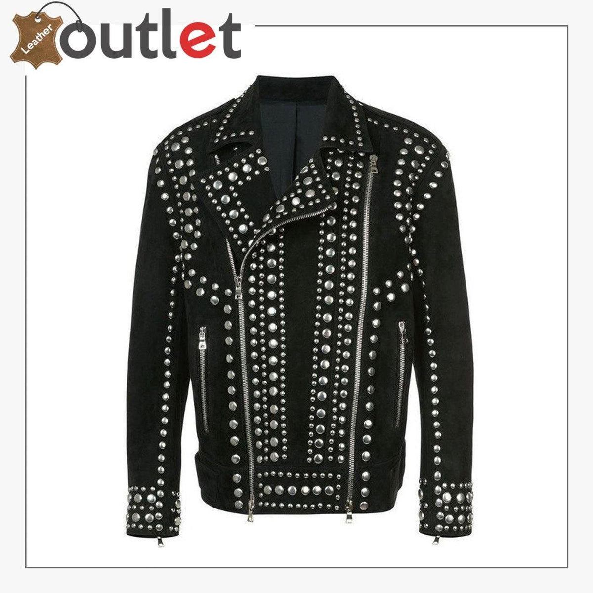 Handmade mens black punk rock studded leather jacket, front view