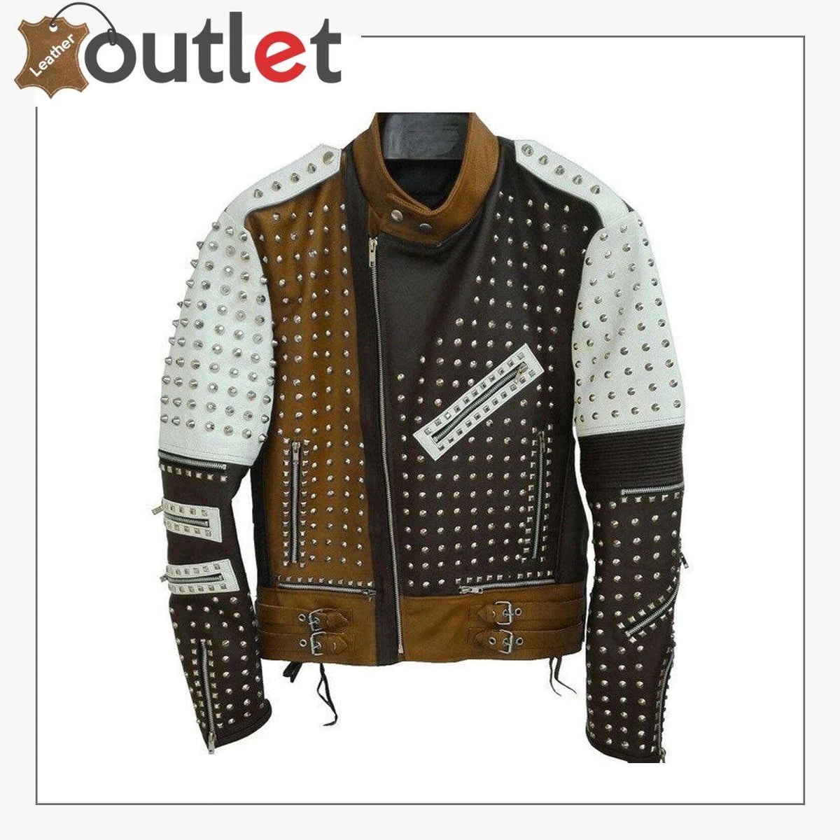 Handmade real leather studded jacket with hand-set silver studs, front view