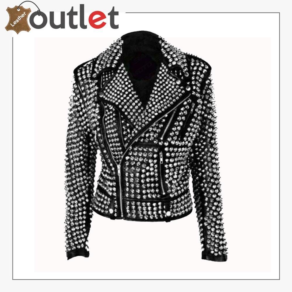 Handmade womens black studded punk leather jacket in real hide