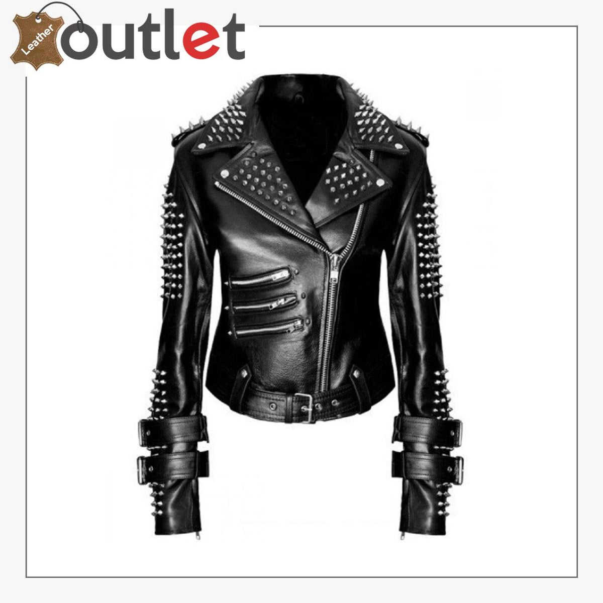 Handmade womens black punk leather biker jacket with silver spikes and studs